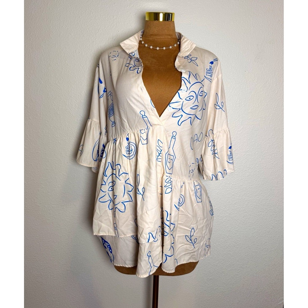 Commense White Blue Graphic Print Collared Button Romper 3/4 Bell Sleeve S